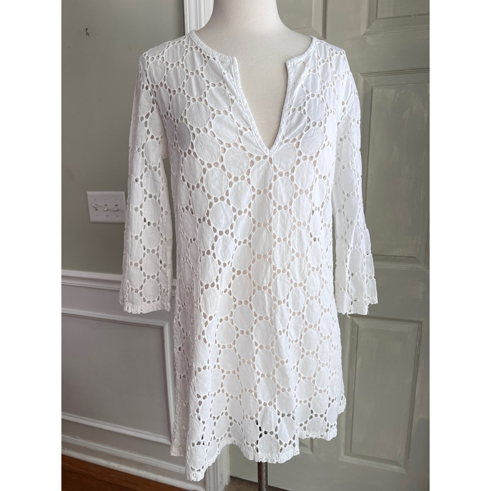 Jordan Taylor Eyelet Tunic Medium Womens 3/4 Sleeve Cotton White CL-510 Coastal